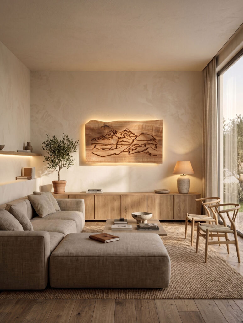 Cuadro iluminado Monte Perdido sobre mueble de madera en salón de estilo alpino moderno.