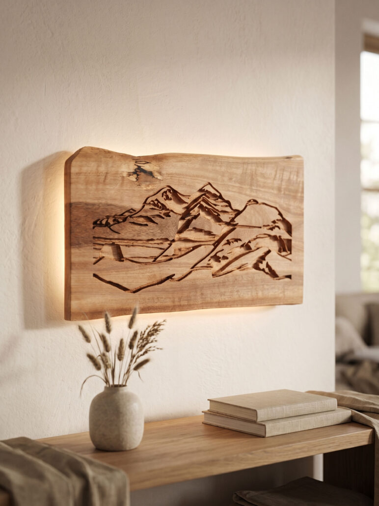 cuadro iluminado de una cumbre en pared, luz encendida, ambiente de noche