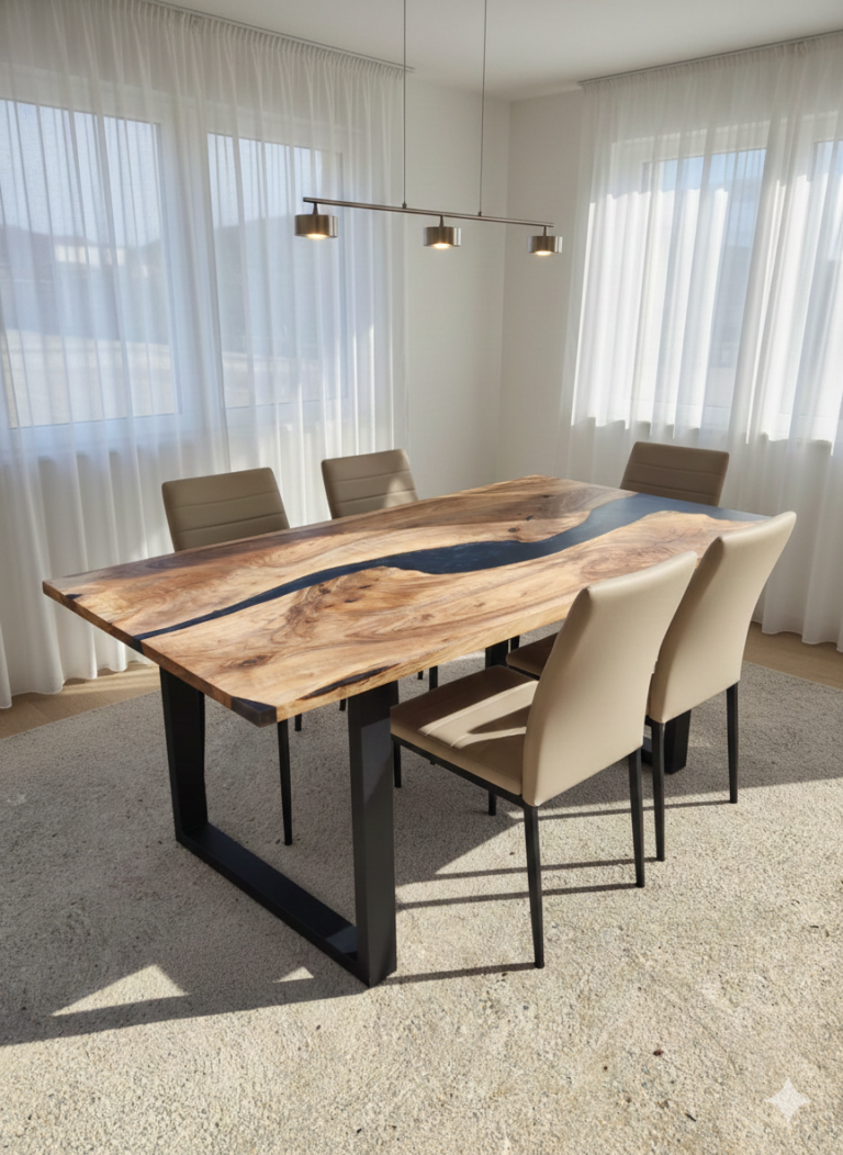 Mesa de comedor de nogal macizo con seis comensales